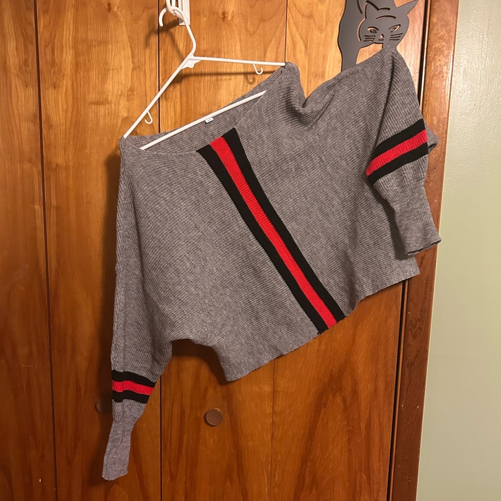 Gray and Red Striped Women's Sweater